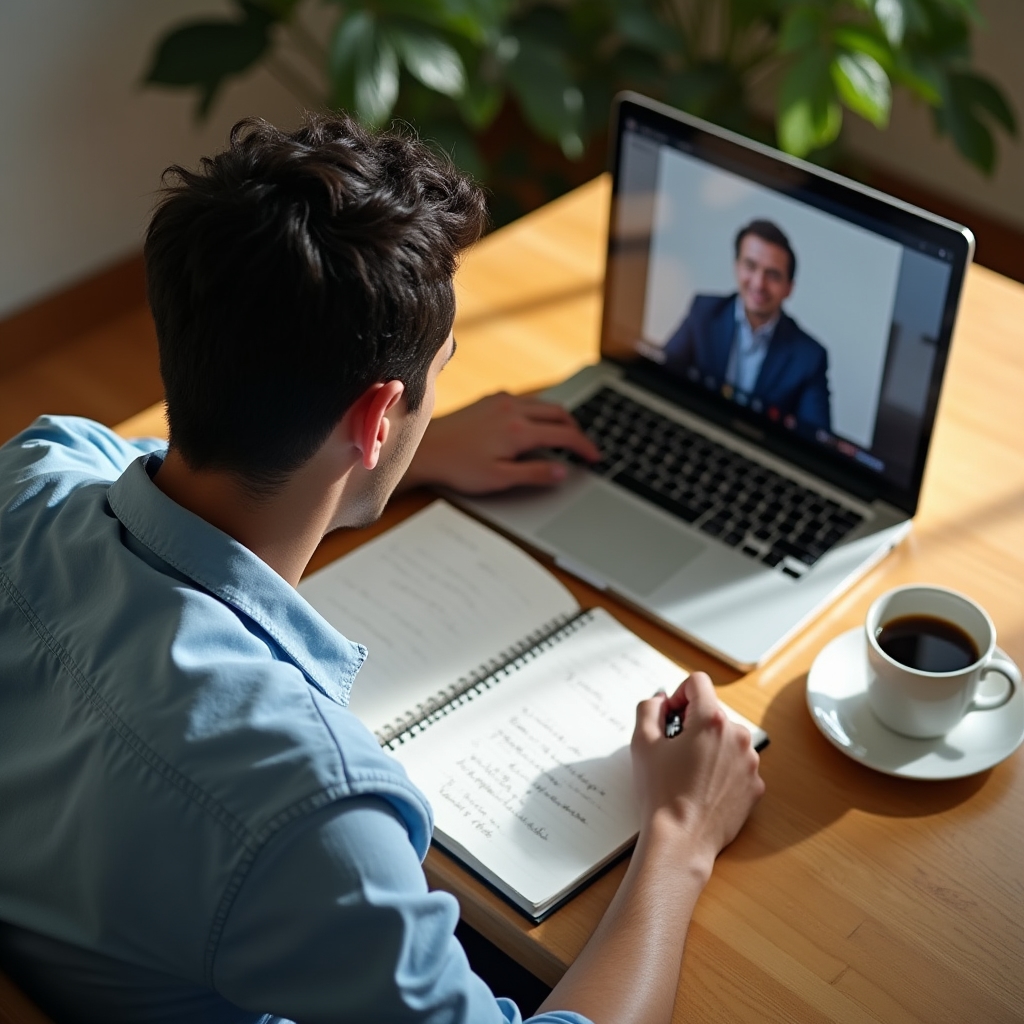 Online webinář sledovaný na notebooku s poznámkovým blokem vedle